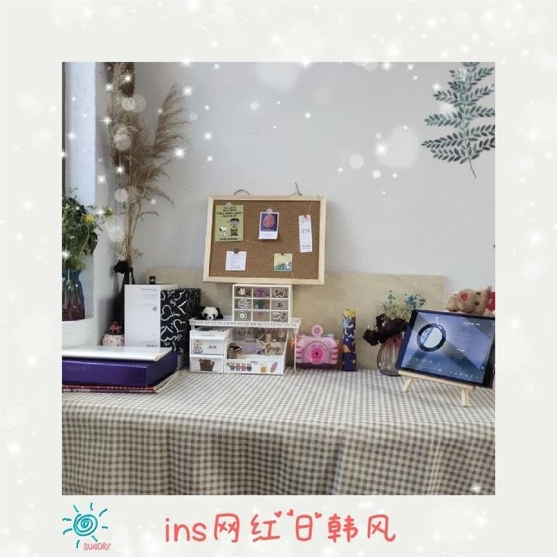 网红桌布ins风手工锁边棉麻格子宿舍少女心餐桌布书桌摆拍背景布图片