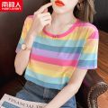 南极人盐系短袖T恤女宽松纯棉2021新款潮韩版百搭条纹衣服ins上衣_617 2XL建议130-145斤 3553#浅彩条