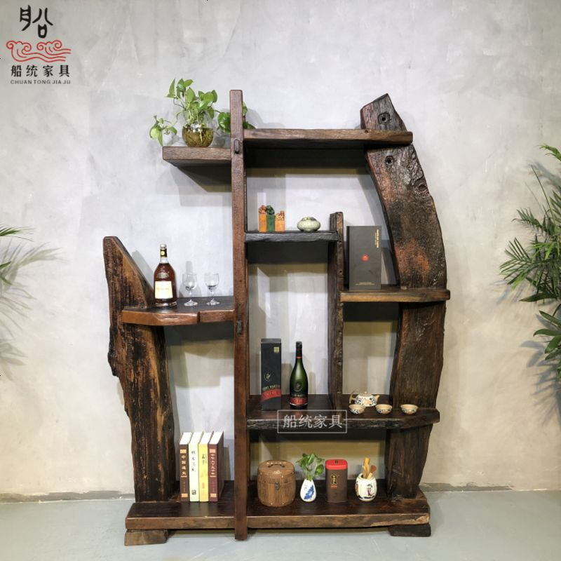 老船木博古架实木仿古中式置物架收纳架隔断古董架茶叶架花架 邮 款式一_1-1.2米