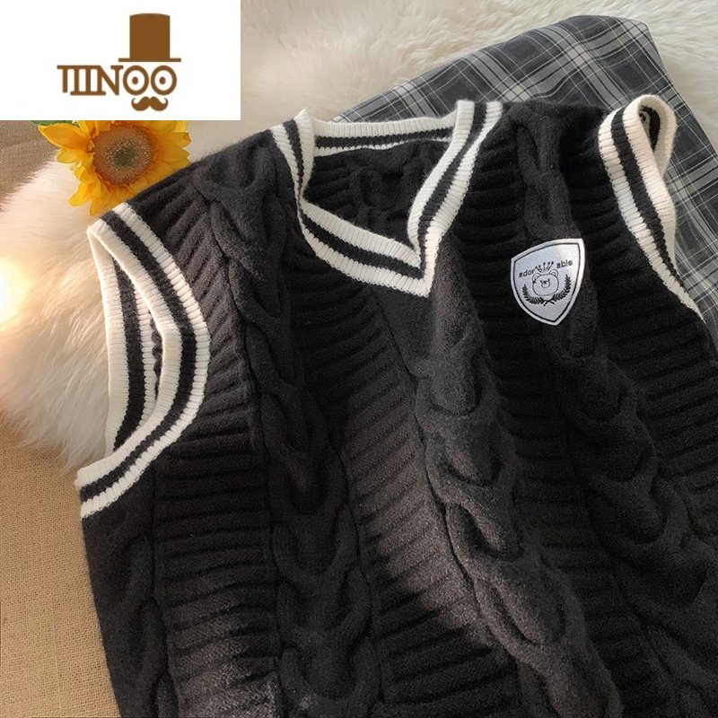 YANXU加肥大码日系学院风针织马甲男款300斤宽松叠穿无袖情侣毛衣上衣高清大图