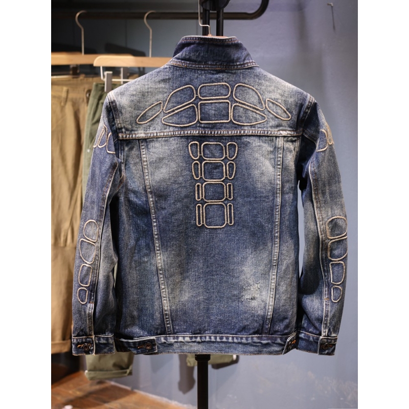 青年牛仔外套男秋冬新款复古做旧夹克上衣宽松街头牛仔衣高清大图