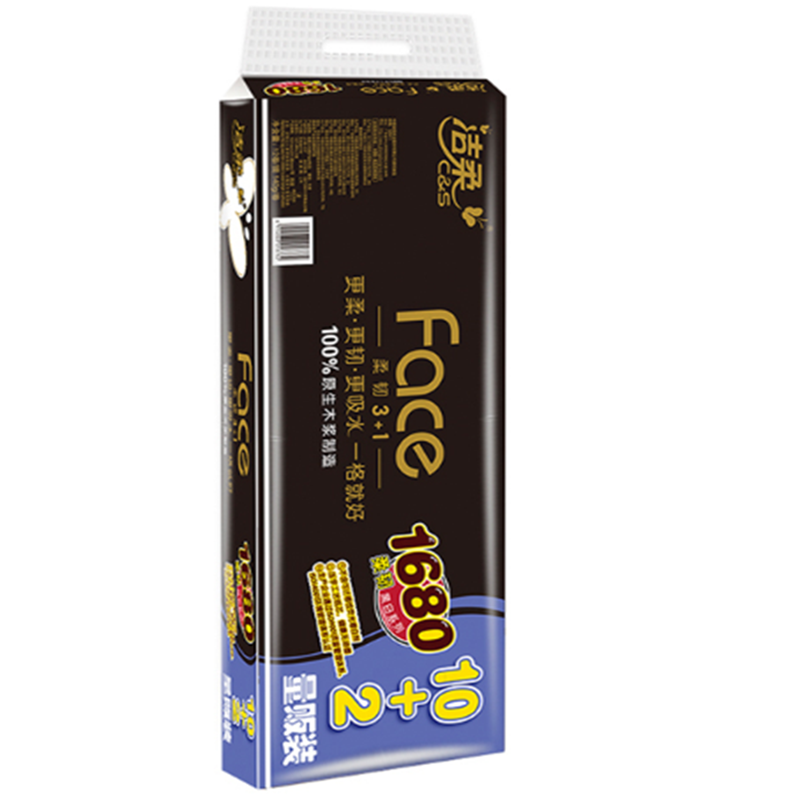 洁柔无芯卷纸黑Face加厚4层140g*12卷.6914068018645