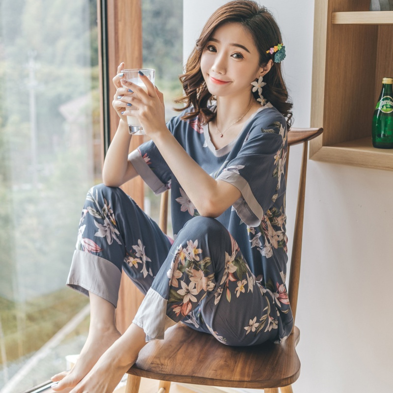 睡衣女夏季薄款棉绸套装女短袖短裤可爱宽松绵绸家居服两件套莎丞