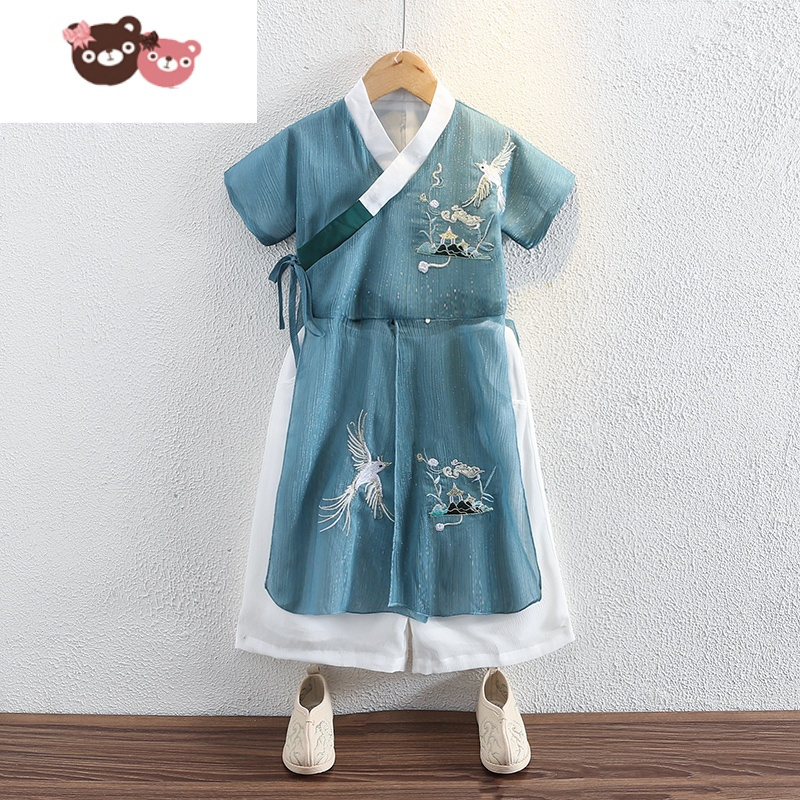 绿彩虹光汉服男童夏装短袖薄款超仙飘逸宝宝古装复古衣服六一儿童节演出服