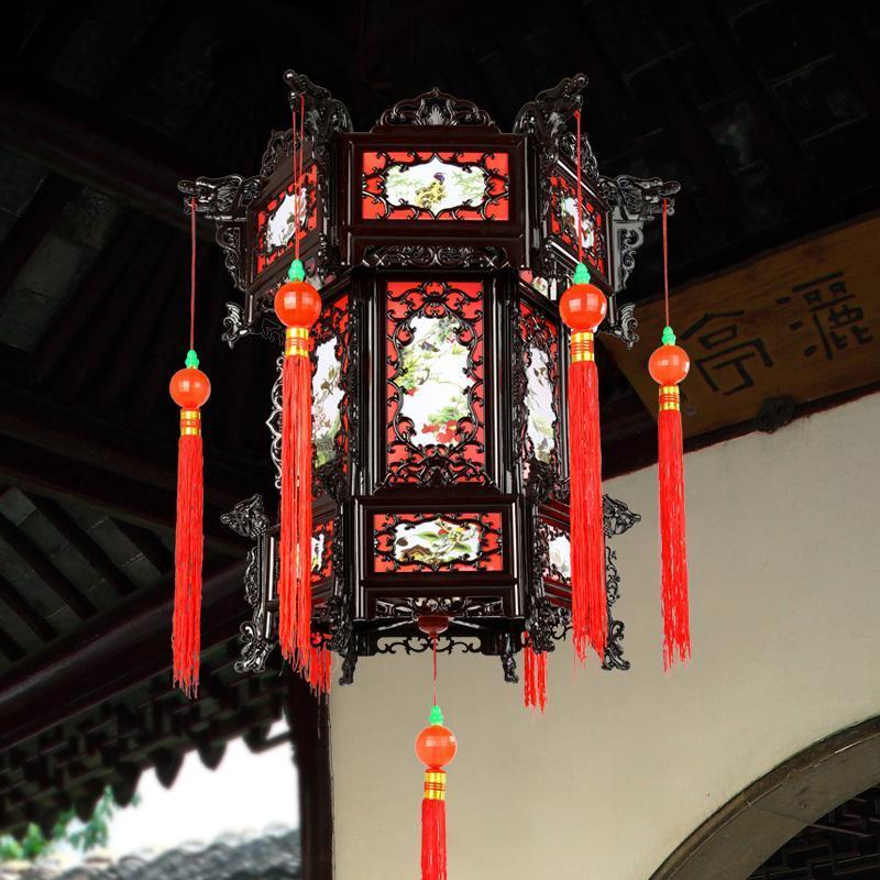 山水仿古宫灯六角仿实木中式塑料灯中秋国庆节日喜庆大红阳台灯笼挂饰