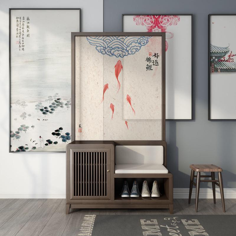 BONJEAN新中式现代简约屏风隔断客厅装饰入户进玄关风水移动换鞋柜鞋凳高清大图