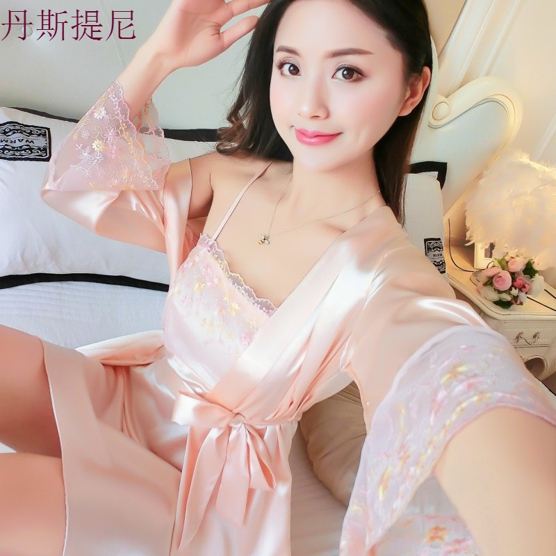 睡裙女春秋韩版长袖甜美可爱睡袍两件套睡衣女夏冰丝绸性感带裙