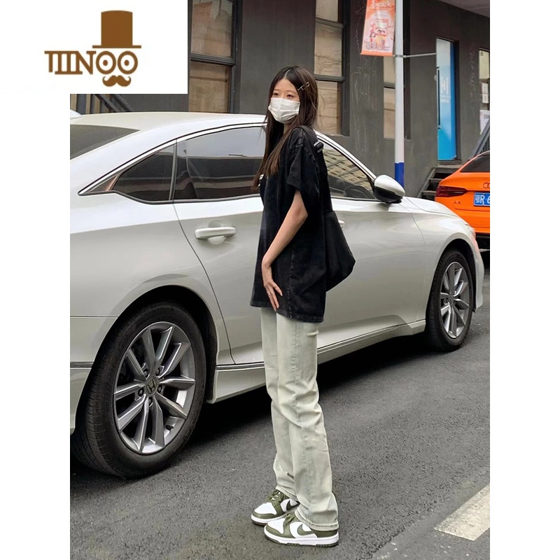 YANXU夏季美式黄泥微喇牛仔裤水洗窄版复古做旧高街直筒男款hipho洗牛裤高清大图