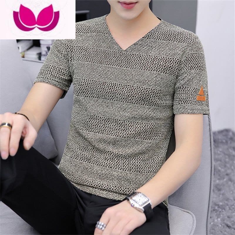 七斓2023夏季新款冰丝镂空男士短袖T恤针织网眼V领半袖小衫薄款体恤潮图片