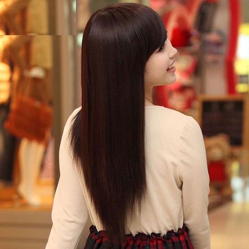 长发假发女生斜刘海齐刘海长直发中长款时尚气质逼真自然整顶头套 浅