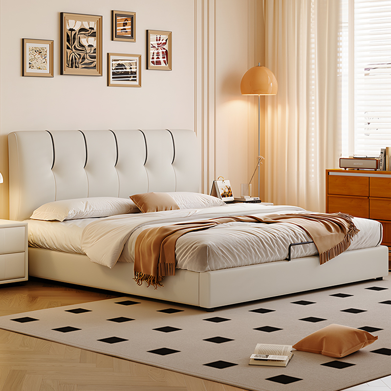 欧梵森 床 奶油风真皮床现代简约主卧大床现代简约薄床头软包婚床抽屉储物床轻奢双人床