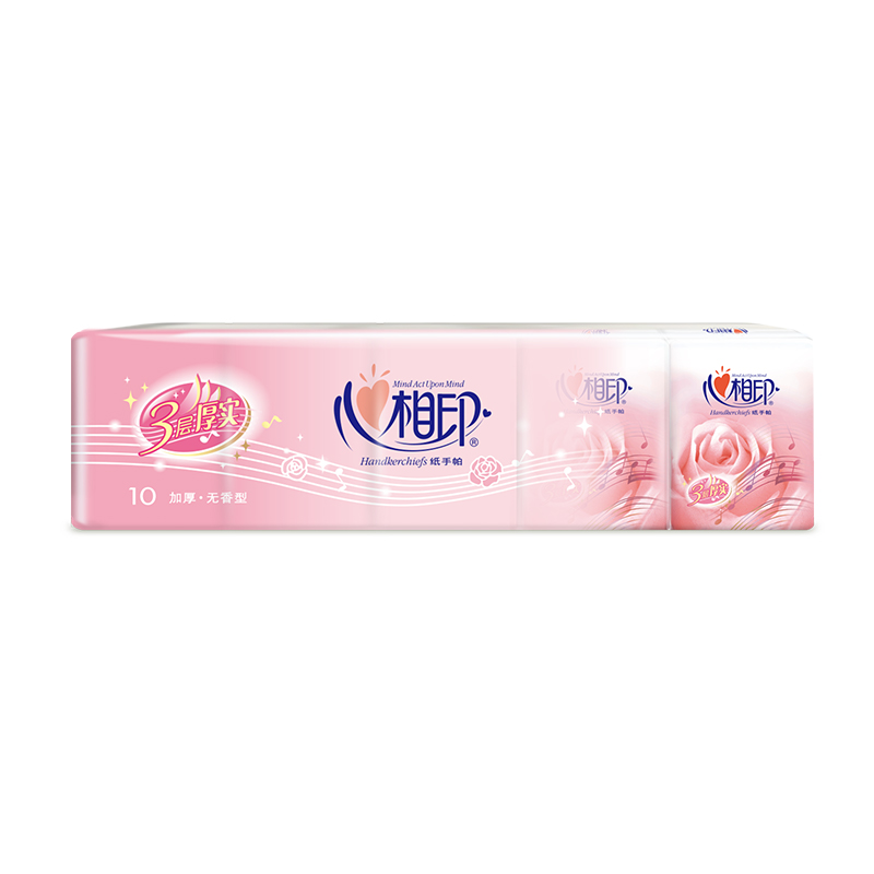 心相印(Mind Act Upon Mind) 手帕纸便携面巾纸3层8片无香玫瑰方形压花10包1条高清大图