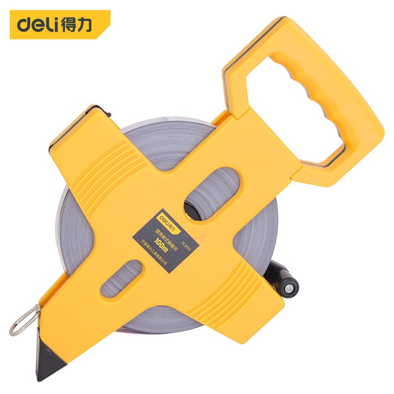 得力(deli)DL9100架式塑料壳钢卷尺 插地工程用米尺 100mx12.5mm 黄色1把