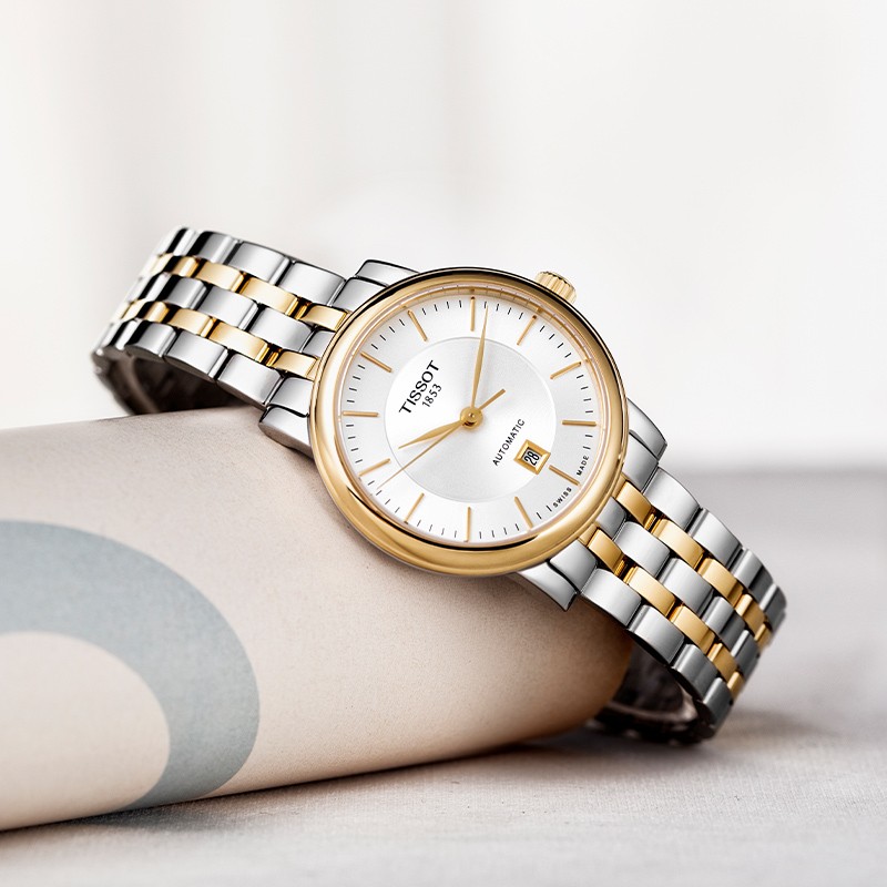 天梭(TISSOT)瑞士手表 卡森臻我系列全自动机械女表 银盘间金钢带T122.207.22.031.00高清大图