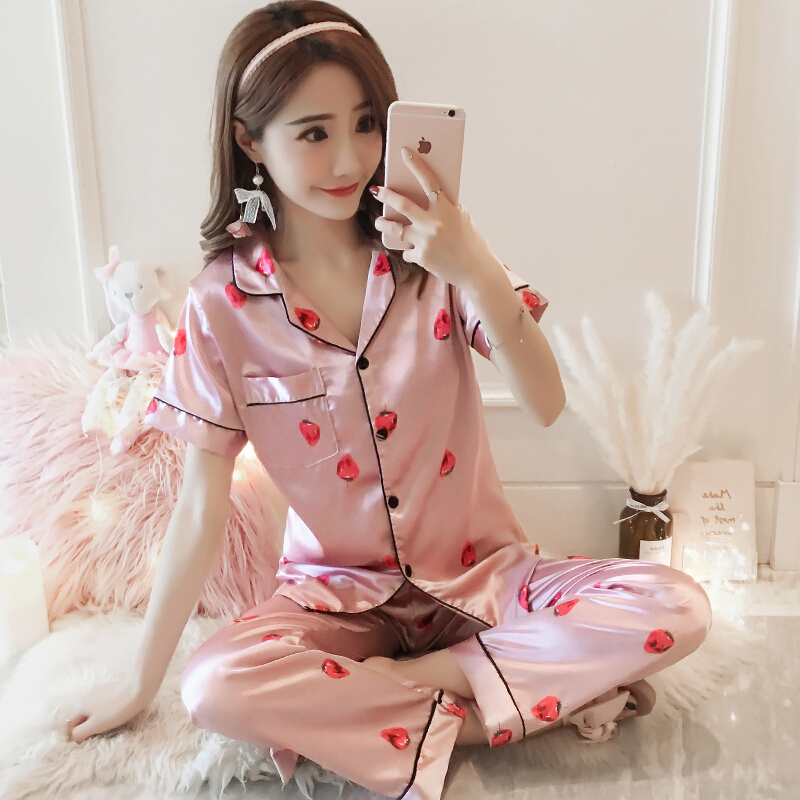 冰丝睡衣女夏套装短袖长裤两件套加肥加大码胖mm薄款丝绸家居服女 短