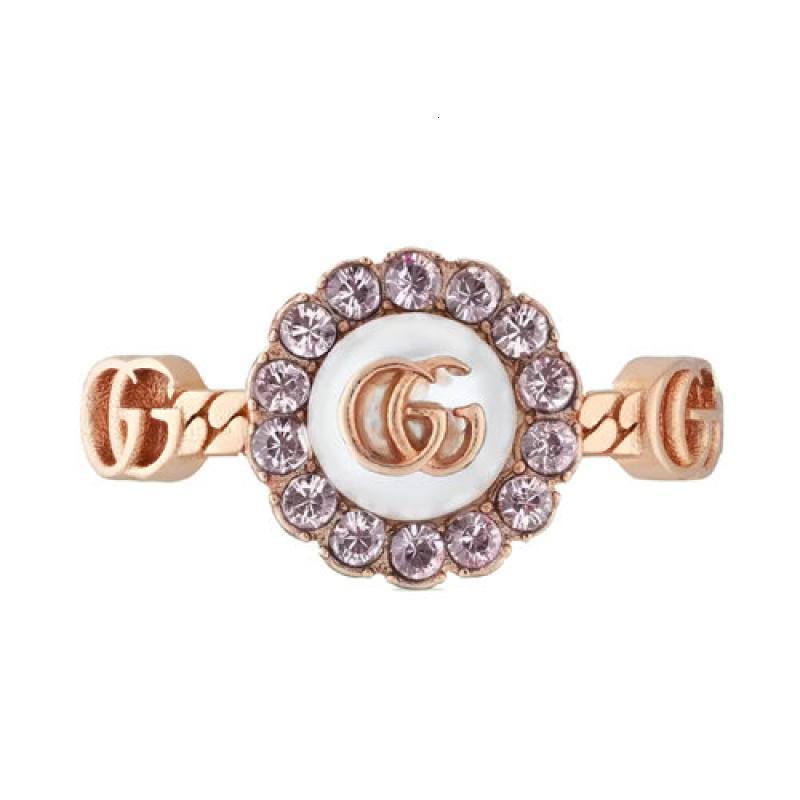 gucci古驰22新款女士玫瑰金色金属饰双g链条水晶树脂花朵戒指702585i9