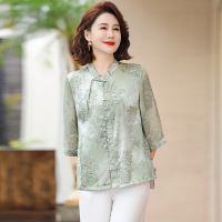 薄款妈妈夏装时尚中袖上衣女中年装大码休闲小衫国风服装中老年女 XL(建议95-110斤） 绿色小衫