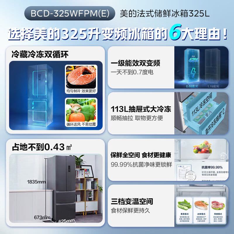 [官方旗舰店]美的325升法式多门电冰箱双变频节能一级能效 风冷无霜 PT净味家用省电BCD-325WFPM(E)布朗棕图片