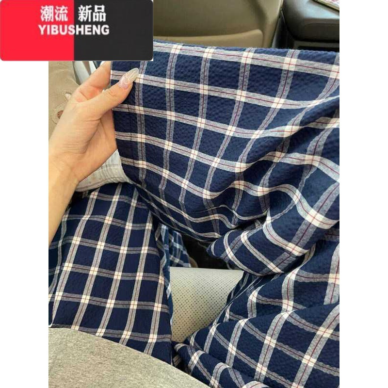 YIBUSHENG完全不挑身材!格子休闲裤女早秋美式复古薄款慵懒风直筒阔腿裤子
