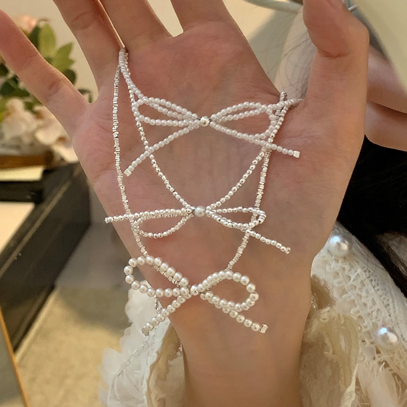 S925纯银正圆珍珠碎银子蝴蝶结项链女颈链韩系锁骨链时尚流行