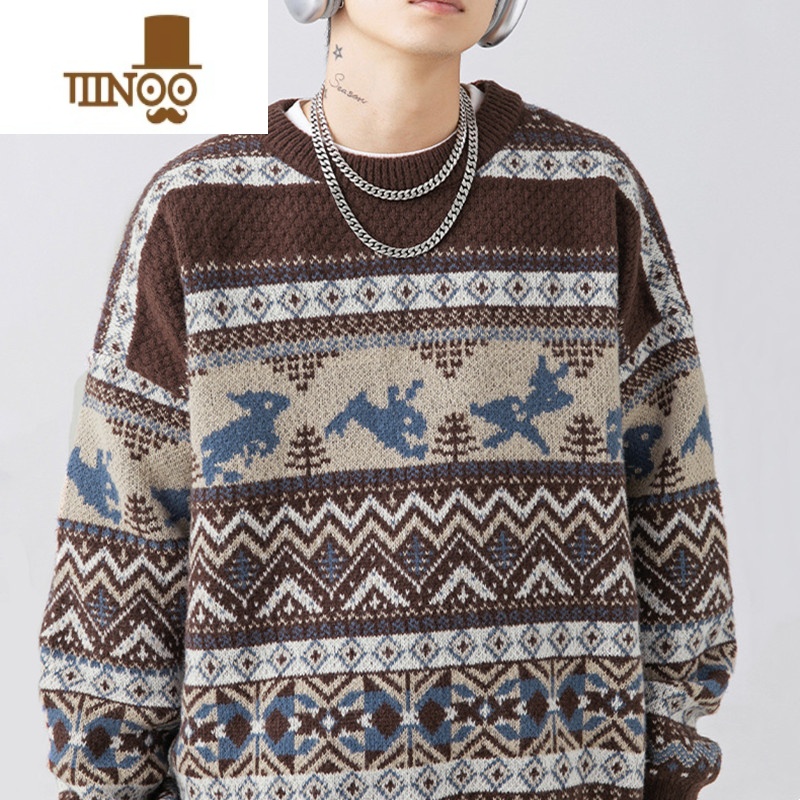 YANXU新款潮牌费尔岛复古男宽松休闲毛衣潮流套头提花针织衫线衣高清大图