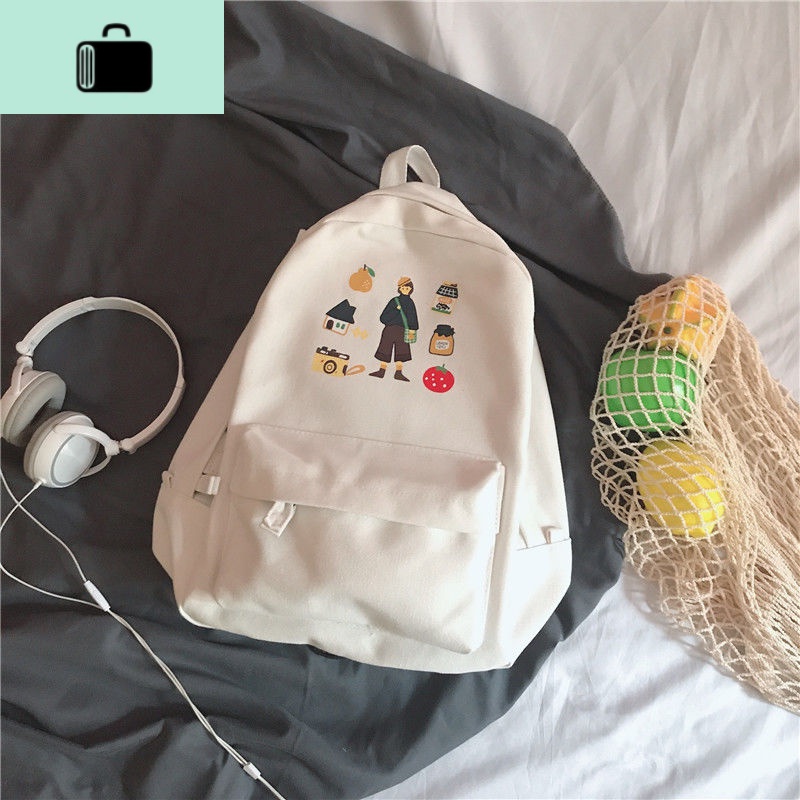 古着感少女书包 韩版高中大学生背包森系校园百搭帆布ins双肩包女NEW LAKE 白色【插画印花】