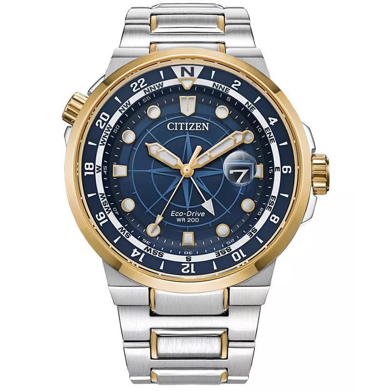 Citizen/西铁城光动能男士双时区蓝盘不锈钢腕表44mm防水200米