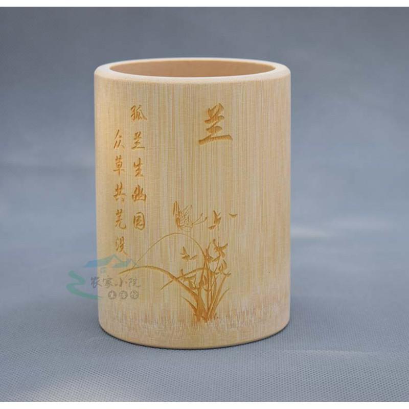 竹制笔筒原色刻复古木质天然创意办公桌梅兰菊简约摆件 三维工匠 原色-8海内存知己高清大图