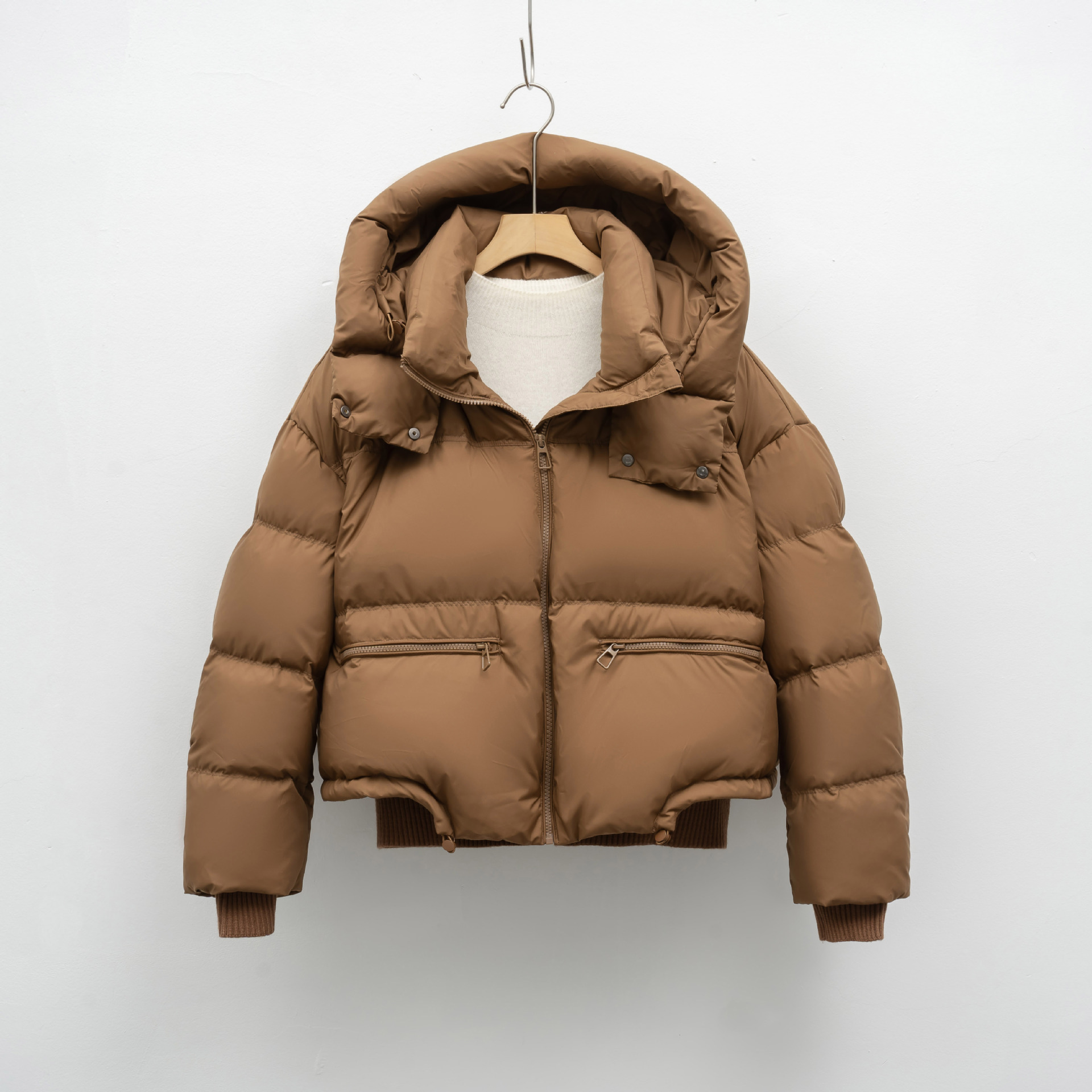 短款冬季白鸭绒时尚简约面包服加厚保暖蓬松外套羽绒服女 卡其色 M