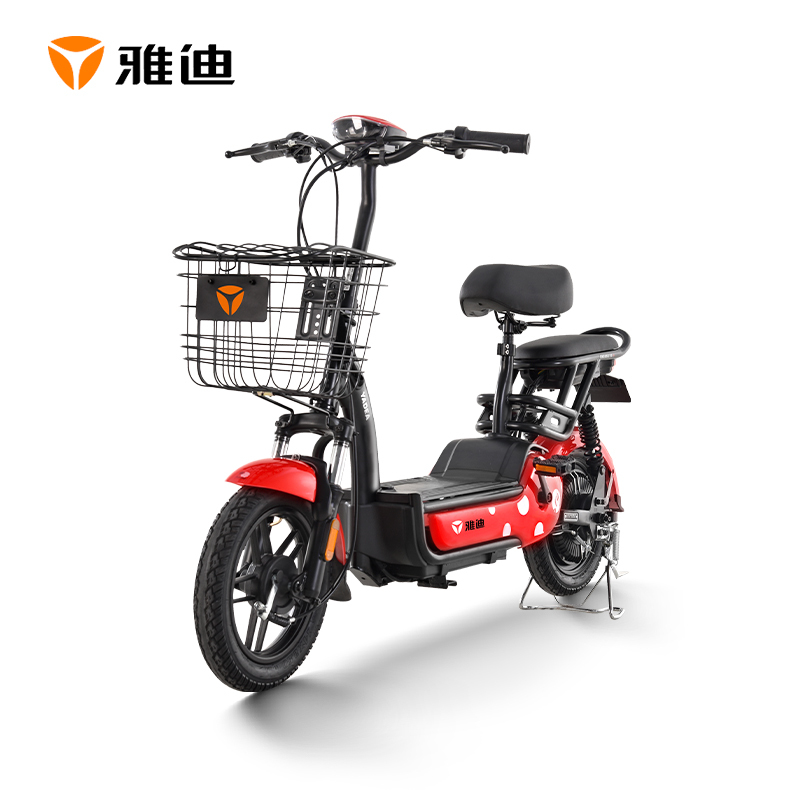 雅迪尚可48v电动车踏板电瓶车亲子代步电动自行车简易款尚酷红色波点