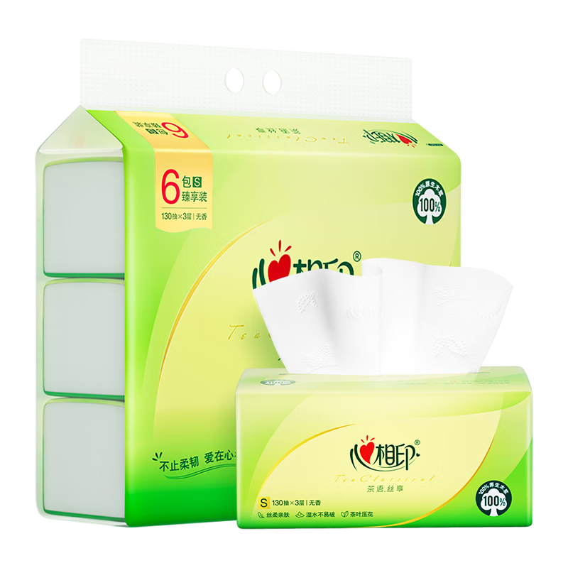 心相印(MindActUponMind)茶语丝享系列家用软抽卫生纸DT15130 130抽3层*6包*1提