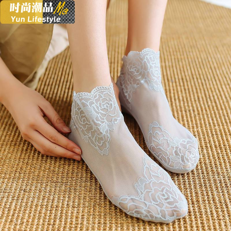 YUNWUXIN蕾丝袜子女花边短袜浅口日系棉船袜夏季韩国百搭薄款透气水晶袜袜子