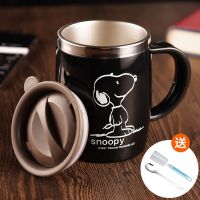 史努比马克杯办公杯304不锈钢茶杯男女情侣咖啡杯家用简约喝水杯 经济实惠爆款 420ML黑+勺子杯刷
