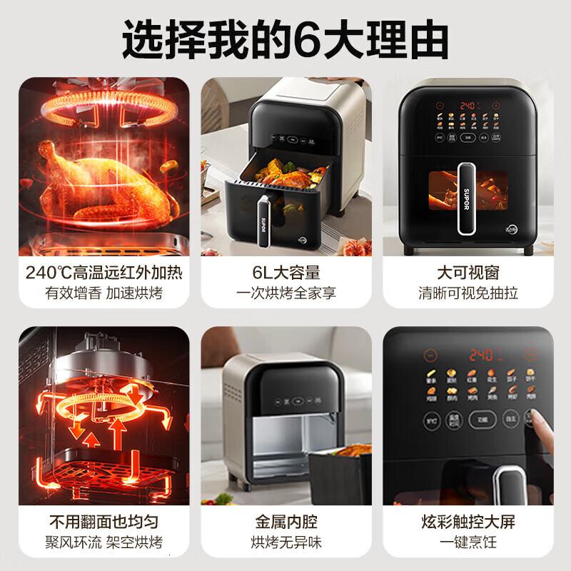 苏泊尔空气炸锅家用 蒸汽嫩烤6L大容量远红外穿透加热全自动炸烤箱8分钟速脆炸免翻面可视大窗口无油低脂 黑色高清大图
