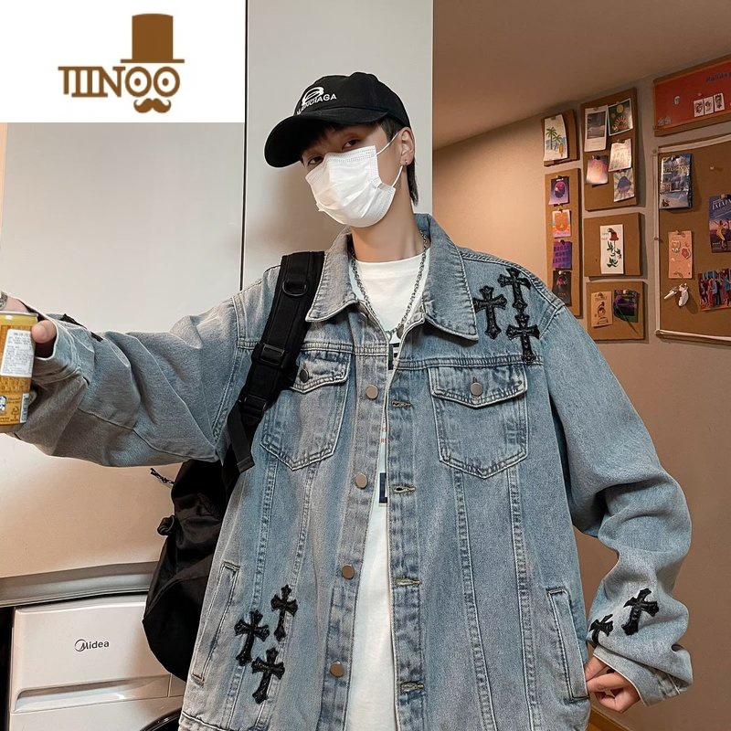 YANXU高街牛仔外套男美式ins潮牌刺绣情侣上衣宽松痞帅工装夹上高清大图