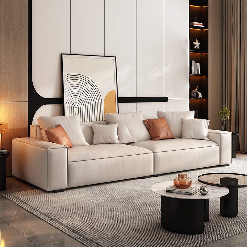 豆腐块真皮简约沙发客厅沙发真皮极简轻奢直排沙发头层牛皮皮沙发高清大图