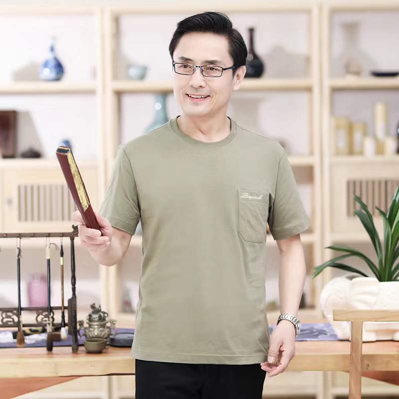 中年男士短袖棉质t恤爸爸夏装棉质汗衫中老年人男装夏天上衣宽松莎丞图片