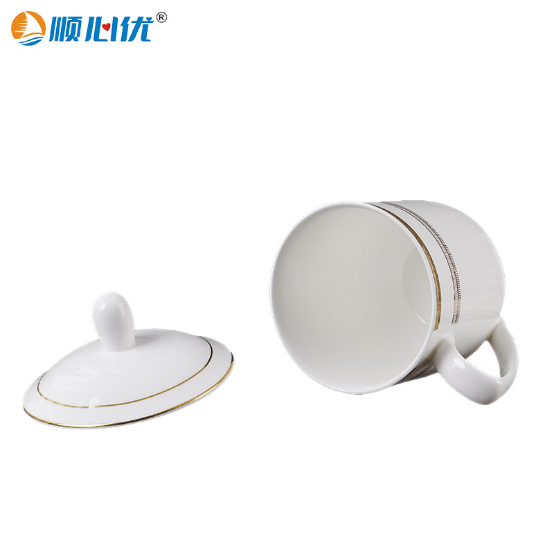 顺心优 陶瓷骨瓷带手柄办公茶杯暗纹金边茶杯 350ml/个高清大图