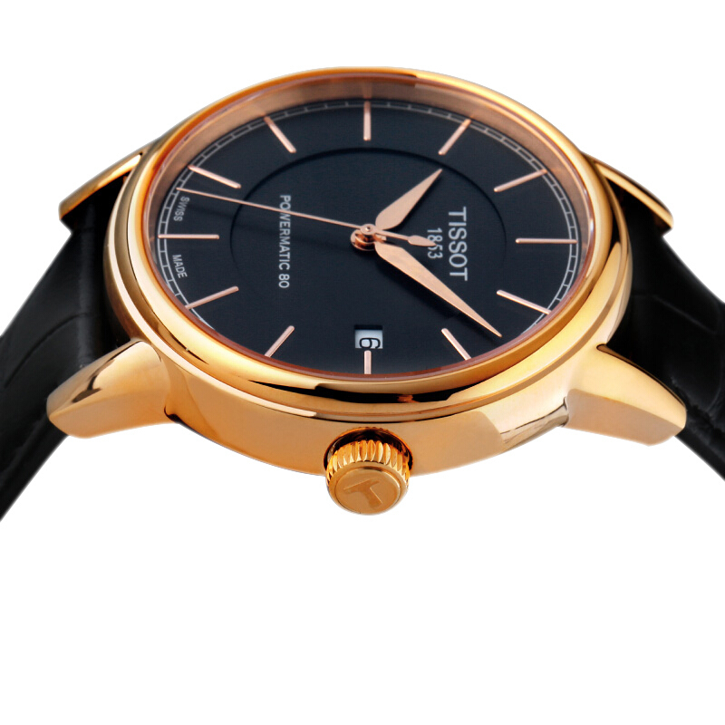 天梭tissot卡森系列真皮自动机械男士手表t0854073606100机械表男皮革