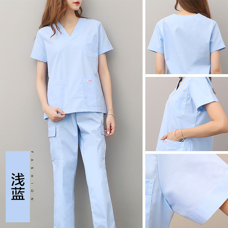 浅蓝短袖明兜款套装涤棉 S 韩版洗手衣短袖分体套装手术室刷手服男女医生护士牙科口腔工作服