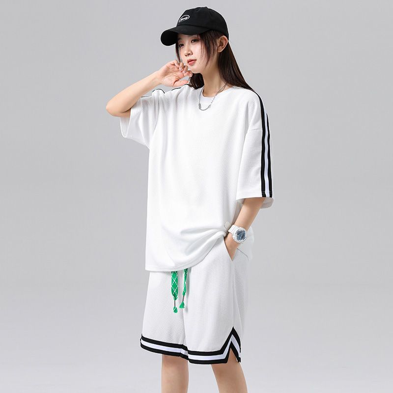 真维斯华夫格运动套装女新款夏季薄款潮牌休闲短袖短裤情侣两件套