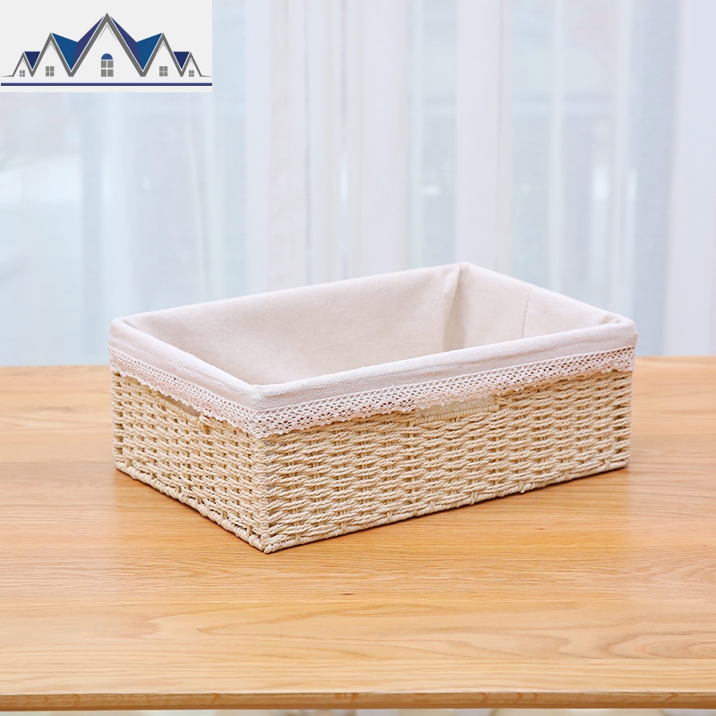 收纳筐编织桌面杂物零食收纳盒编篮子收纳框客厅储物藤编收纳篮 三维工匠 米色+米色内里38*26*13cm