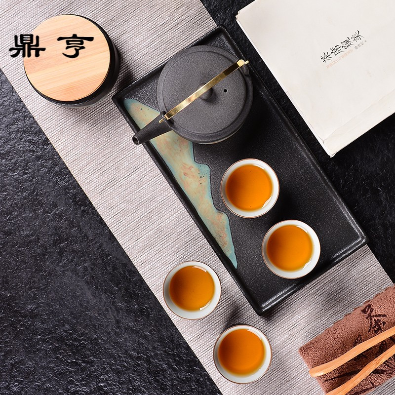 鼎亨日式功夫茶具套装家用和风提梁壶茶杯小茶台陶瓷釉画彩干泡盘