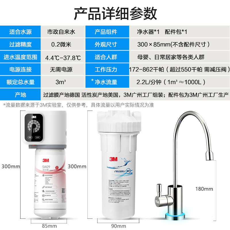 [母婴定制·医药级过滤]3M厨下式家用直饮净水器新智能SW29型直饮机 2.2升大流量超滤机 [零售云款]