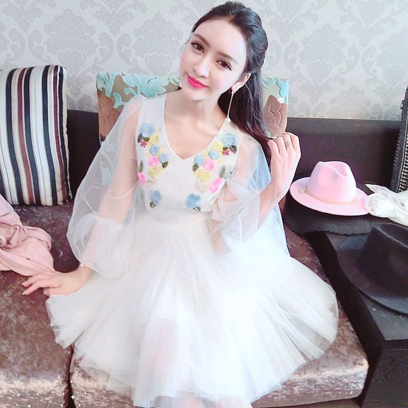灯笼袖v领蓬蓬连衣裙女小礼服高腰a字裙立体花朵刺绣公主裙仙女裙白色均码