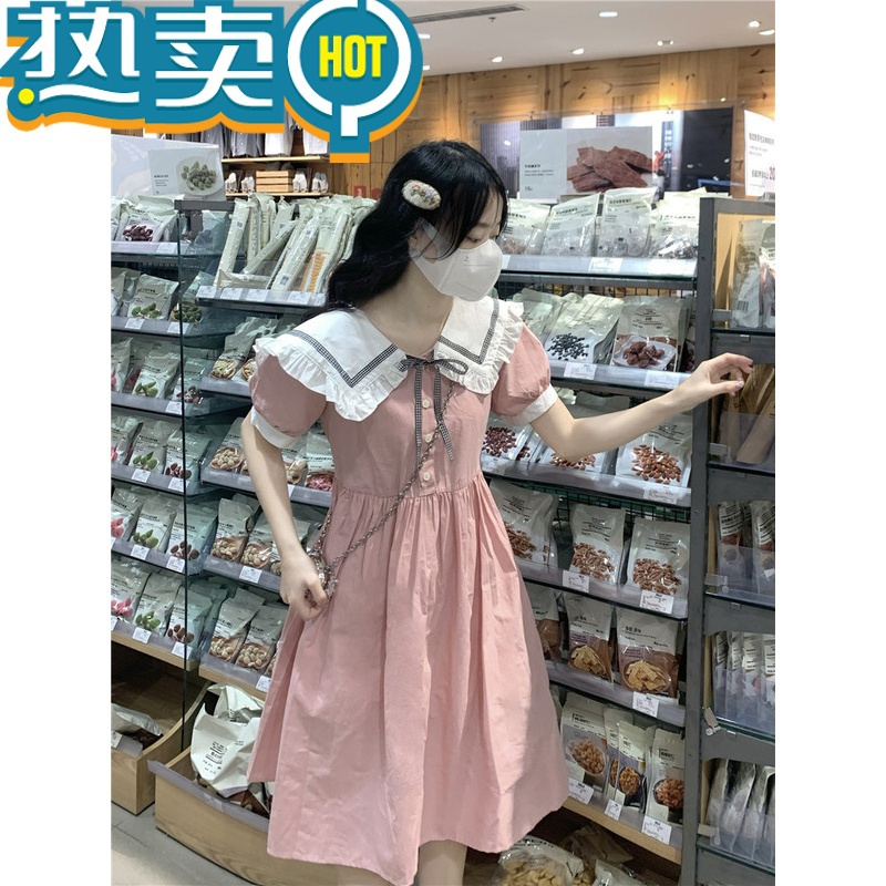 绿彩虹光女大童连衣裙夏装娃娃领学院风短袖初中生公主风160韩版12岁裙子