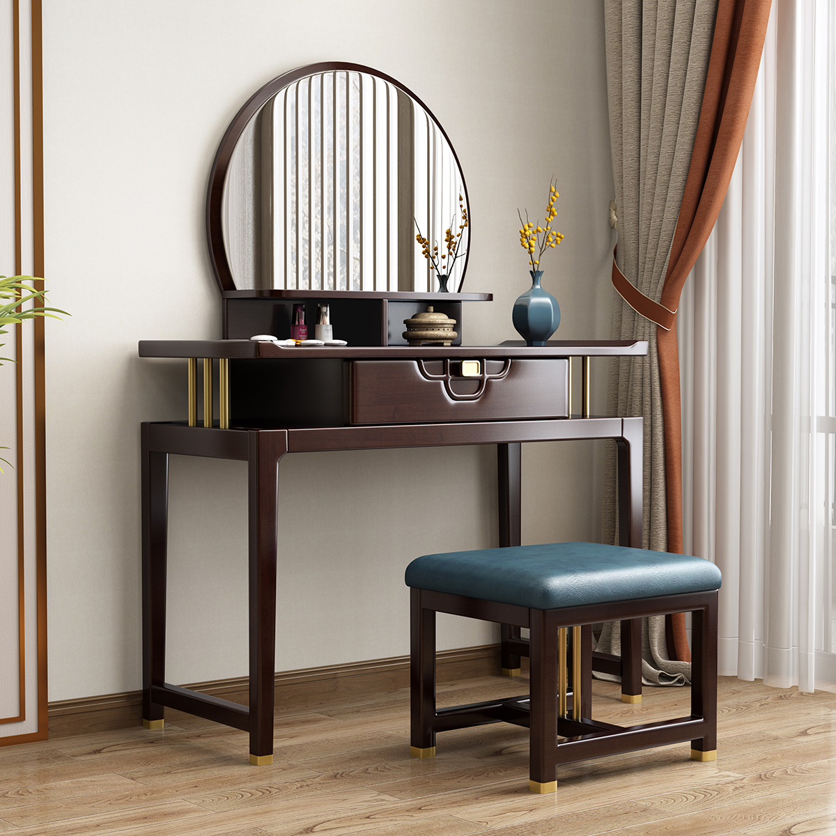 月影梳桐新中式实木梳妆台带妆镜组合卧室简约小户型现代轻奢化妆桌参