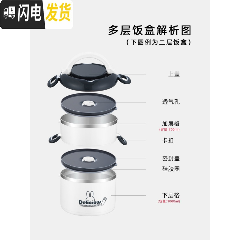 三维工匠304不锈钢多层保温饭盒上班族学生分隔型便当餐盒便携日式可爱1人 2层水泥灰[送餐具]