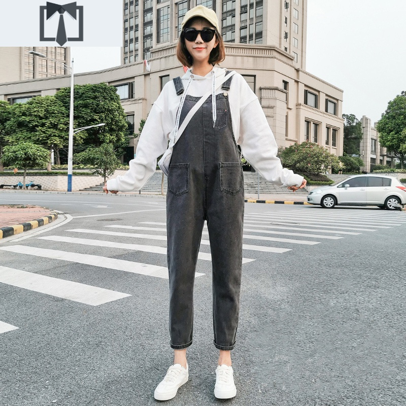 SUNTEK牛仔背带裤女韩版宽松2020年秋季新款九分小个子阔腿直筒显瘦裤子休闲裤