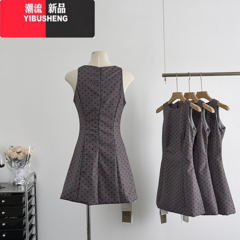 YIBUSHENG复古波点连衣裙春季女收腰背心裙无袖短款裙子